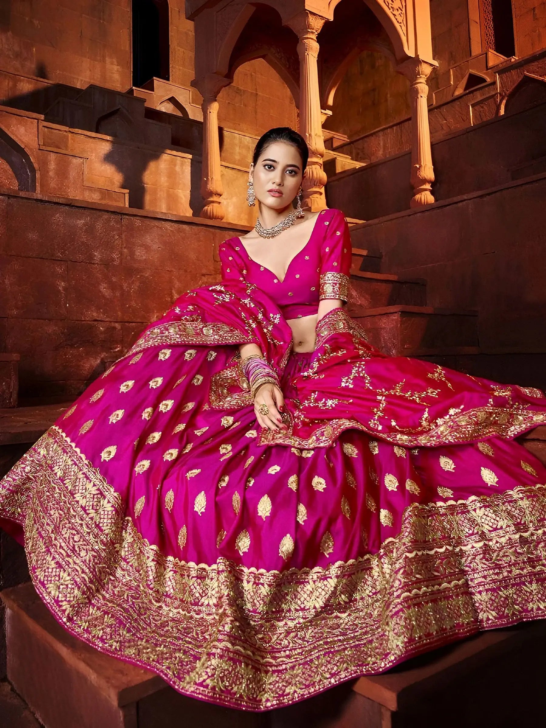 Beautiful Hot Pink Sequins Silk Wedding Lehenga Choli With Dupatta
