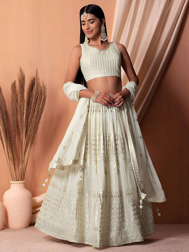 Striking White Sequins Georgette Evening Wear Lehenga Choli With Dupatta