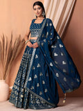 Super Teal Blue Sequins Georgette Event Wear Lehenga With Blouse