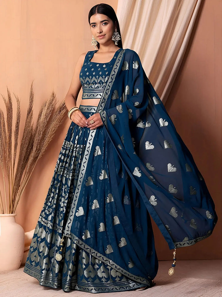 Super Teal Blue Sequins Georgette Event Wear Lehenga With Blouse