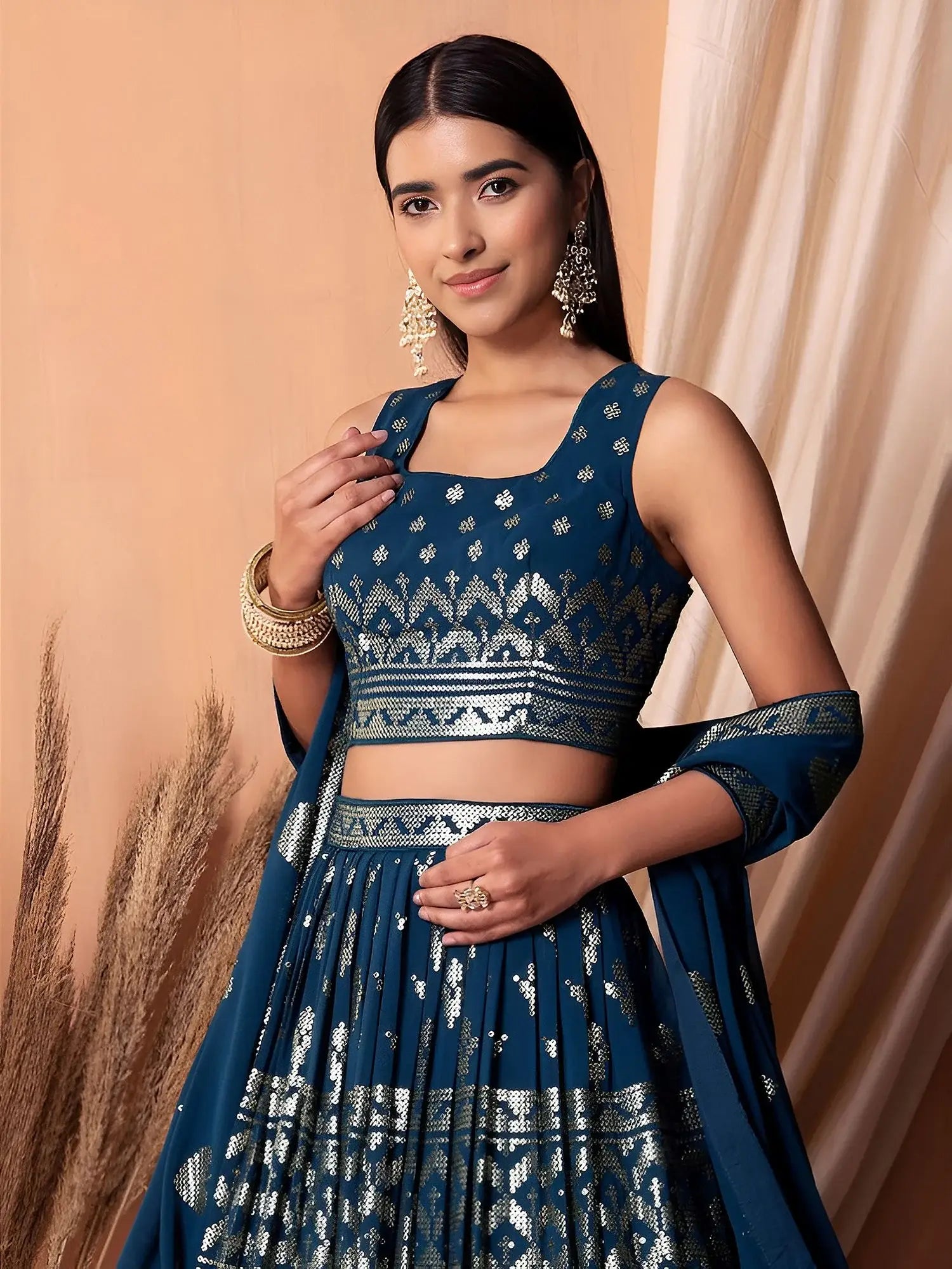 Super Teal Blue Sequins Georgette Event Wear Lehenga With Blouse