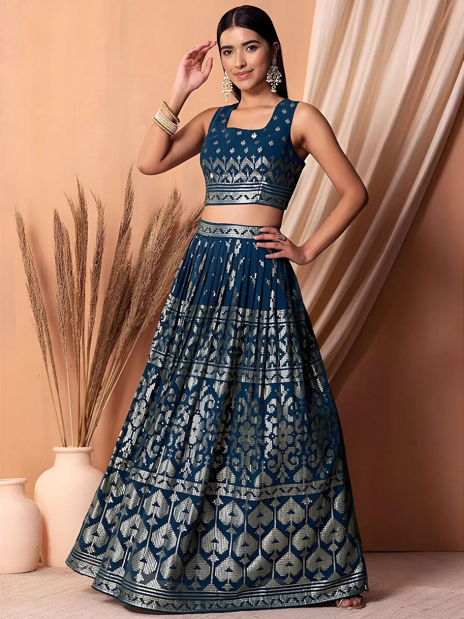 Super Teal Blue Sequins Georgette Event Wear Lehenga With Blouse