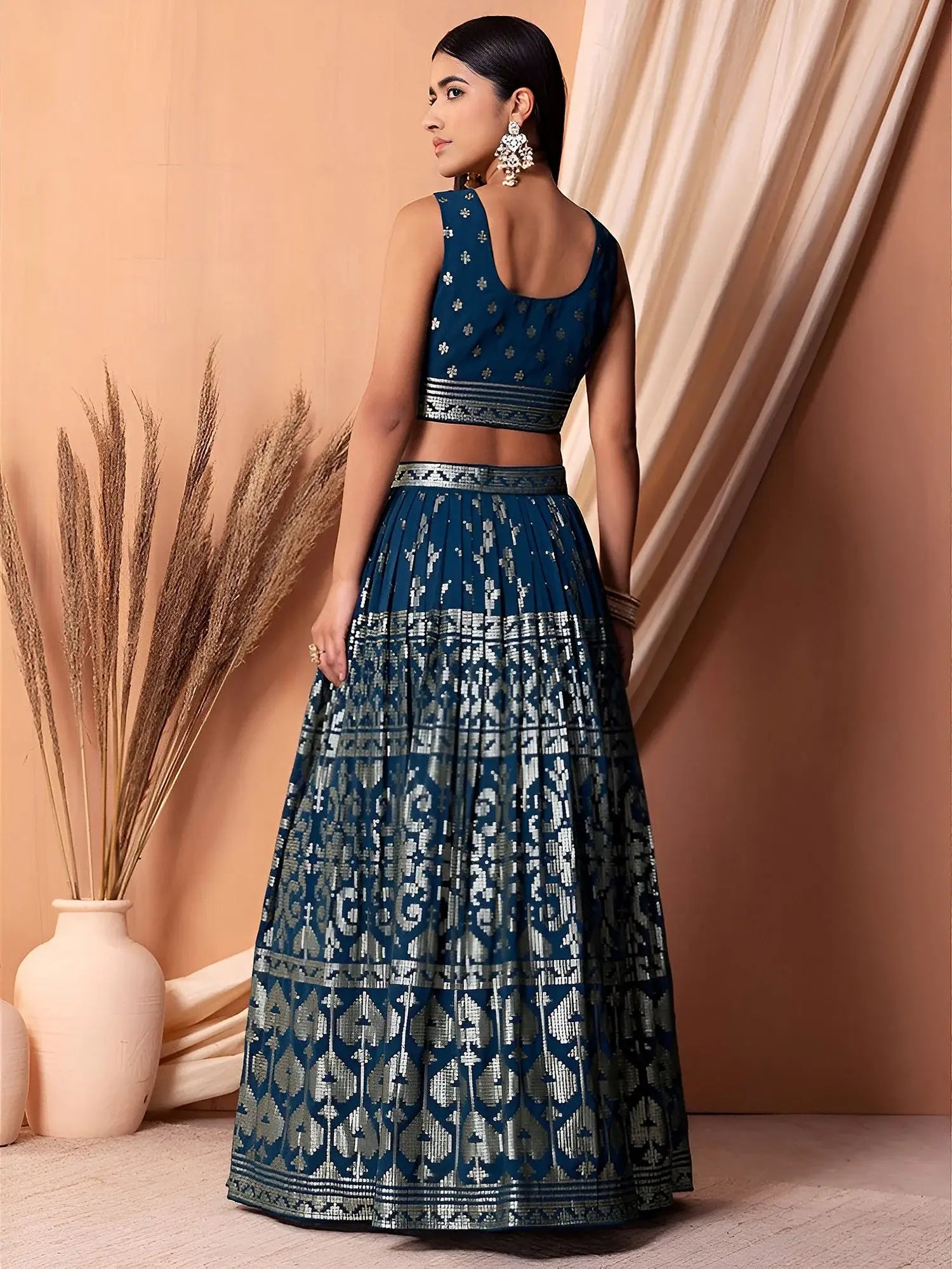 Super Teal Blue Sequins Georgette Event Wear Lehenga With Blouse
