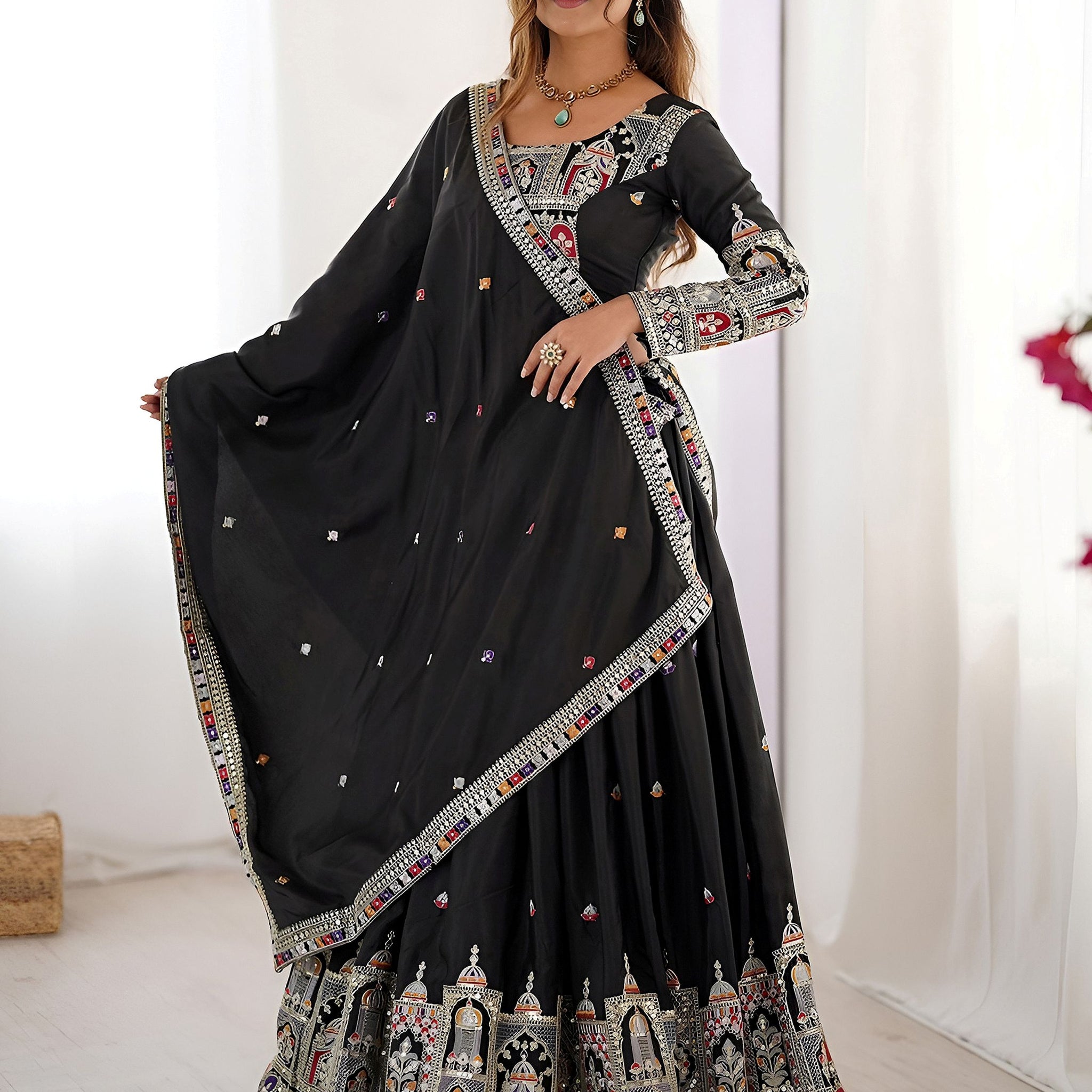 Regal Black Embroidered Crepe Silk Traditional Lehenga Choli With Dupatta