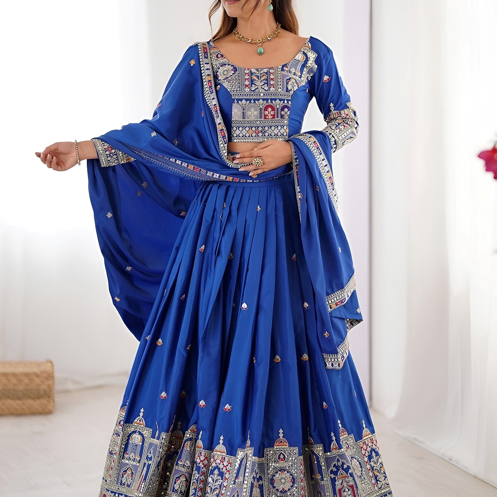 Artistic Royal Blue Sequins Crepe Silk Event Wear Lehenga Choli With Dupatta
