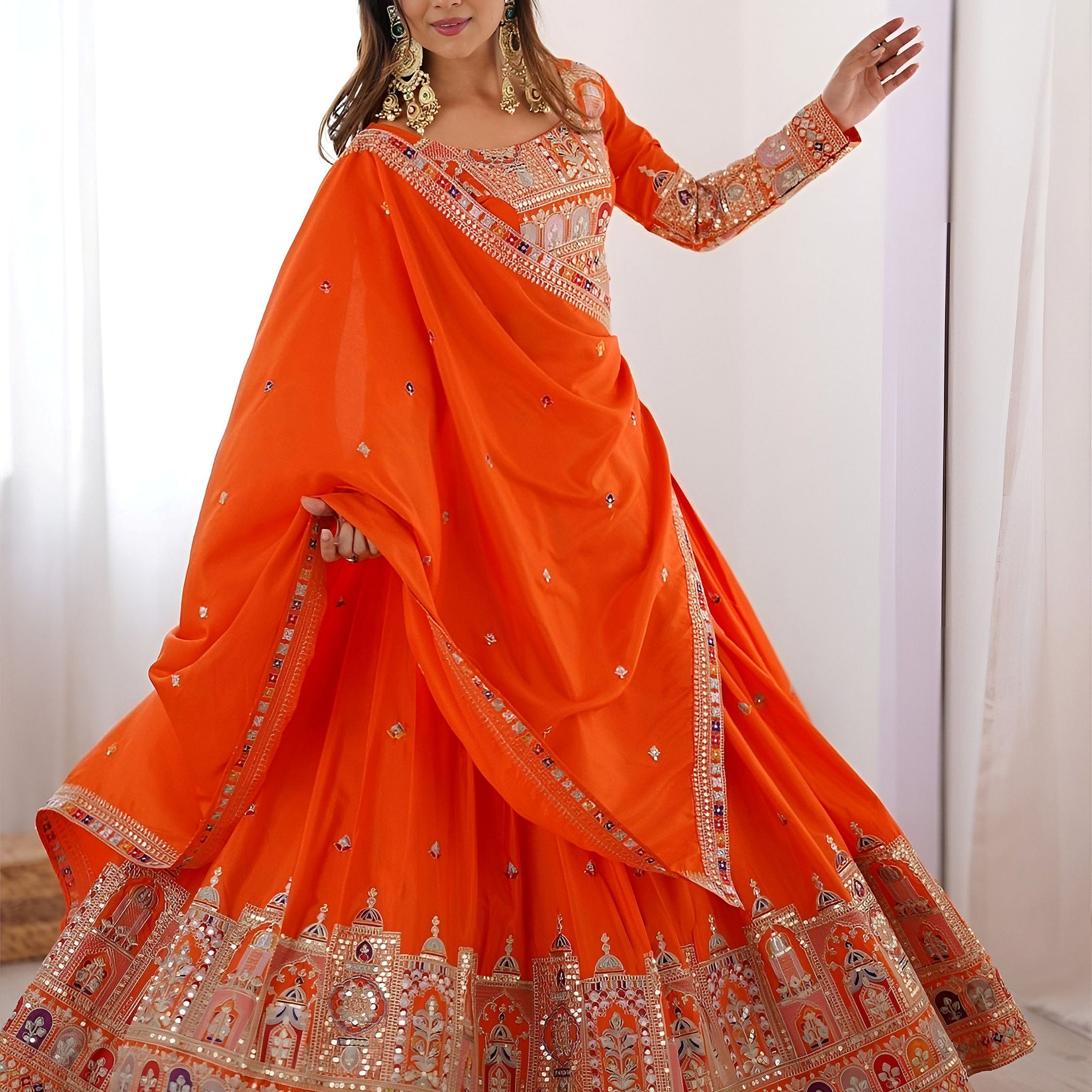Beautiful Orange Multi Thread Work Crepe Silk Festive Wear Lehenga Choli
