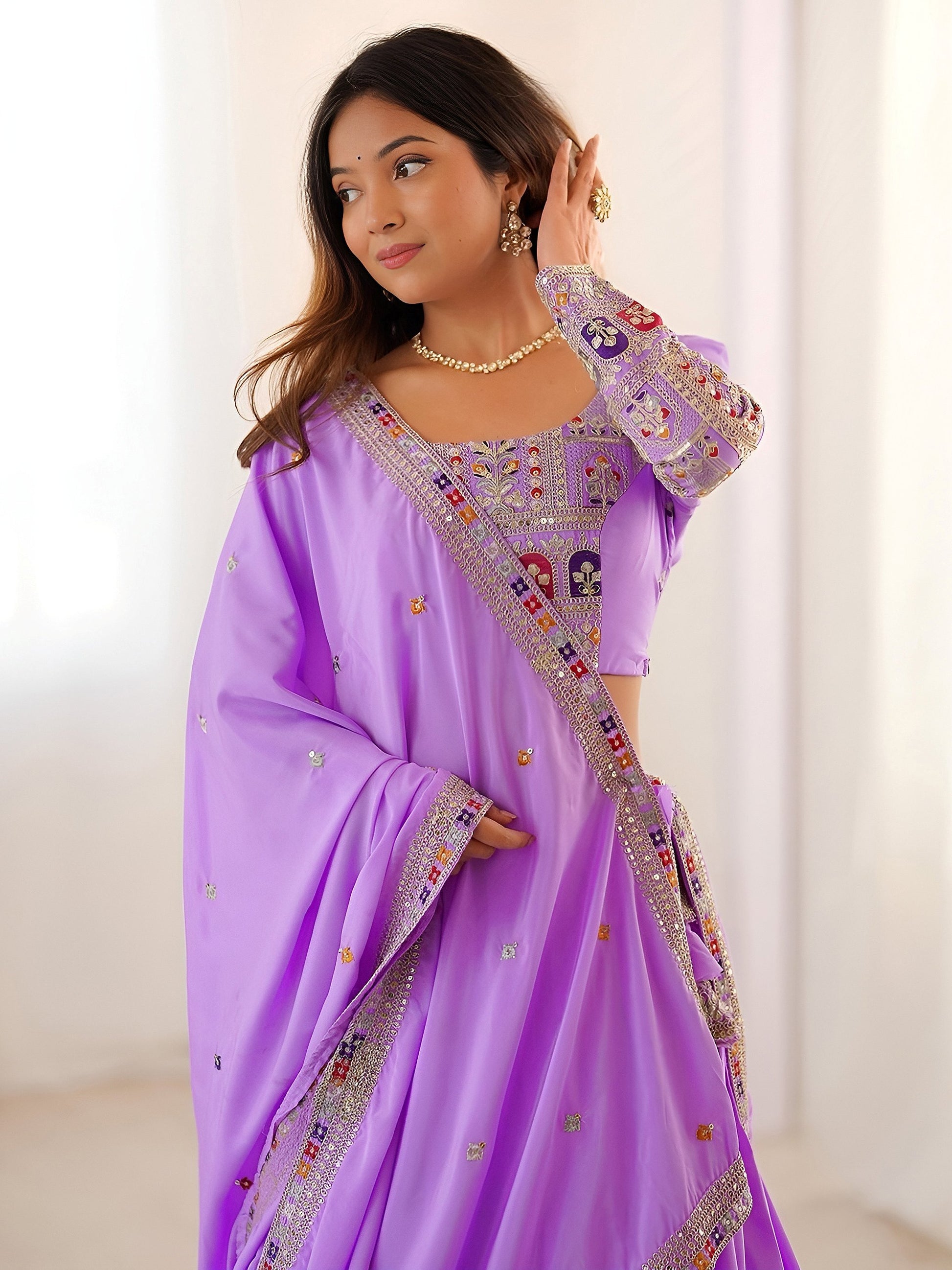 Majestic Lavender Thread Embroidery Crepe Silk Lehenga With Blouse