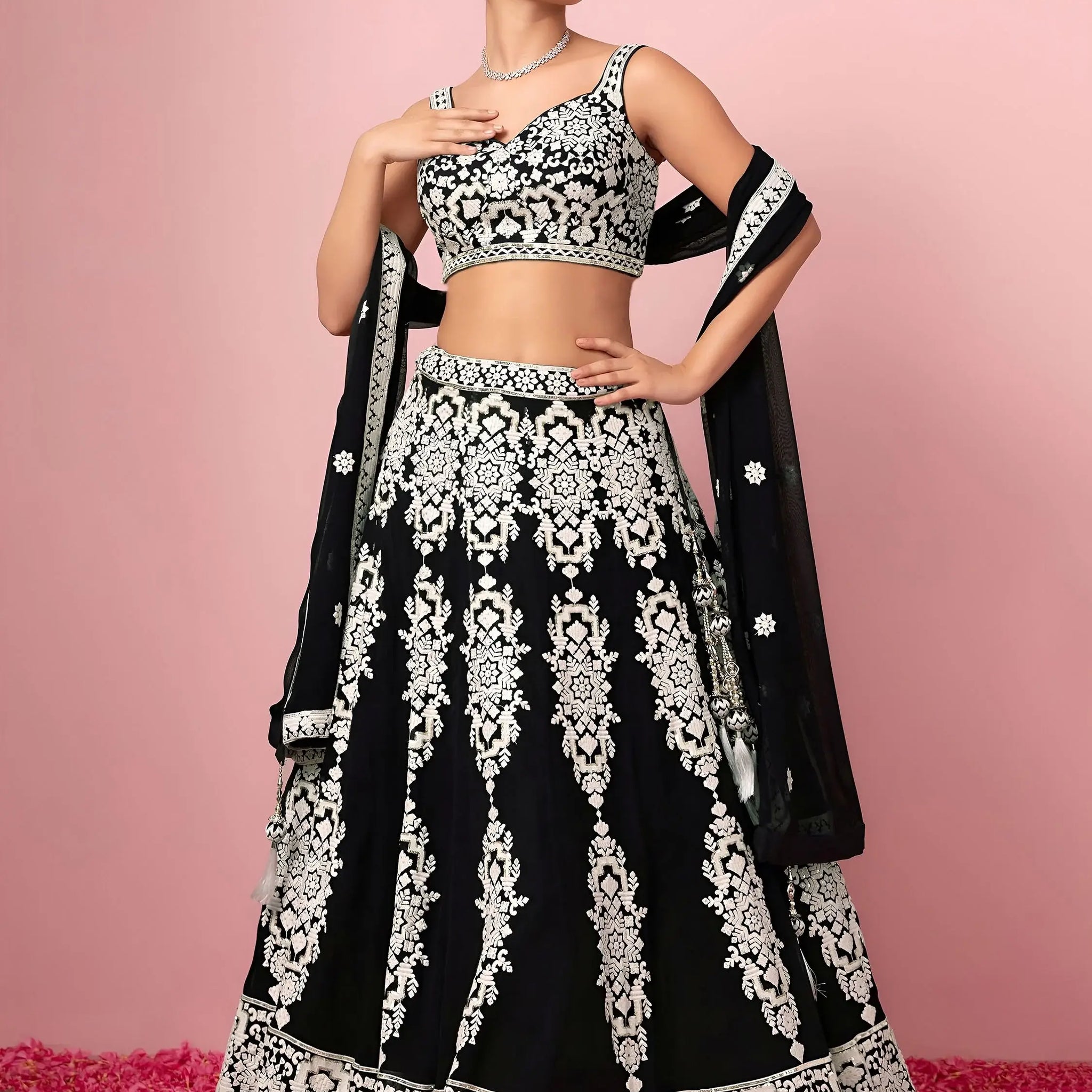 Glamorous Black Thread Work Georgette Traditional Wear Lehenga Choli
