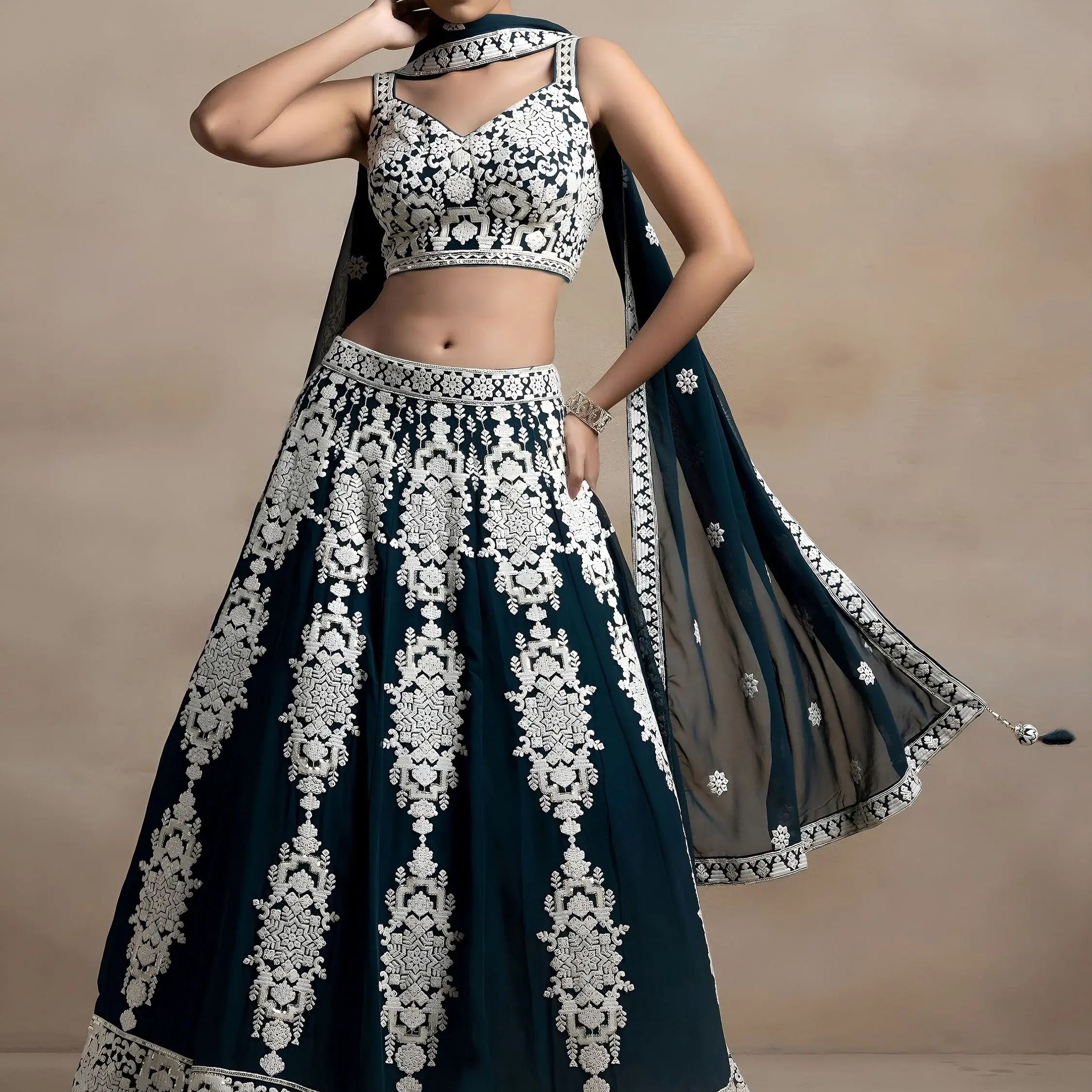 Captivating Dark Green Thread Work Georgette Lehenga Choli With Dupatta