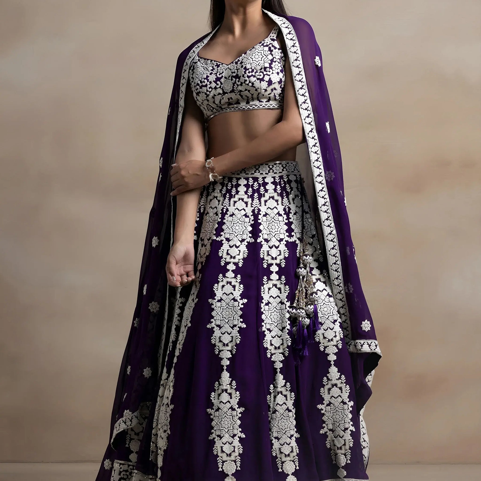 Enchanting Purple Thread Work Georgette Reception Wear Lehenga Choli With Dupatta
