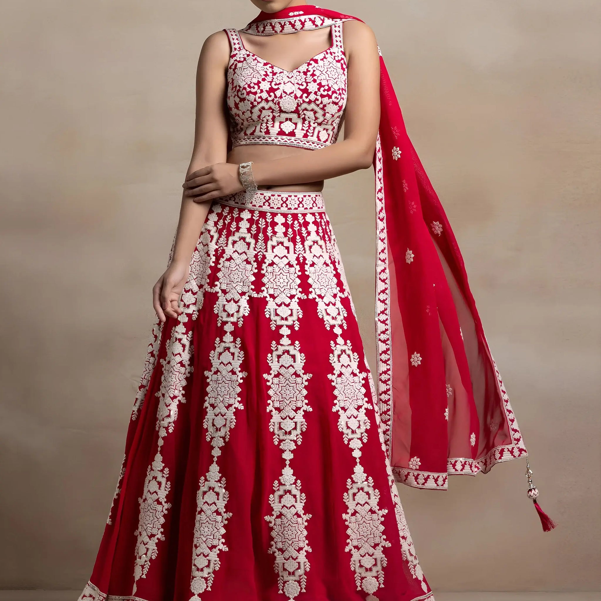 Bewitching Red Thread Work Georgette Wedding Wear Lehenga Choli