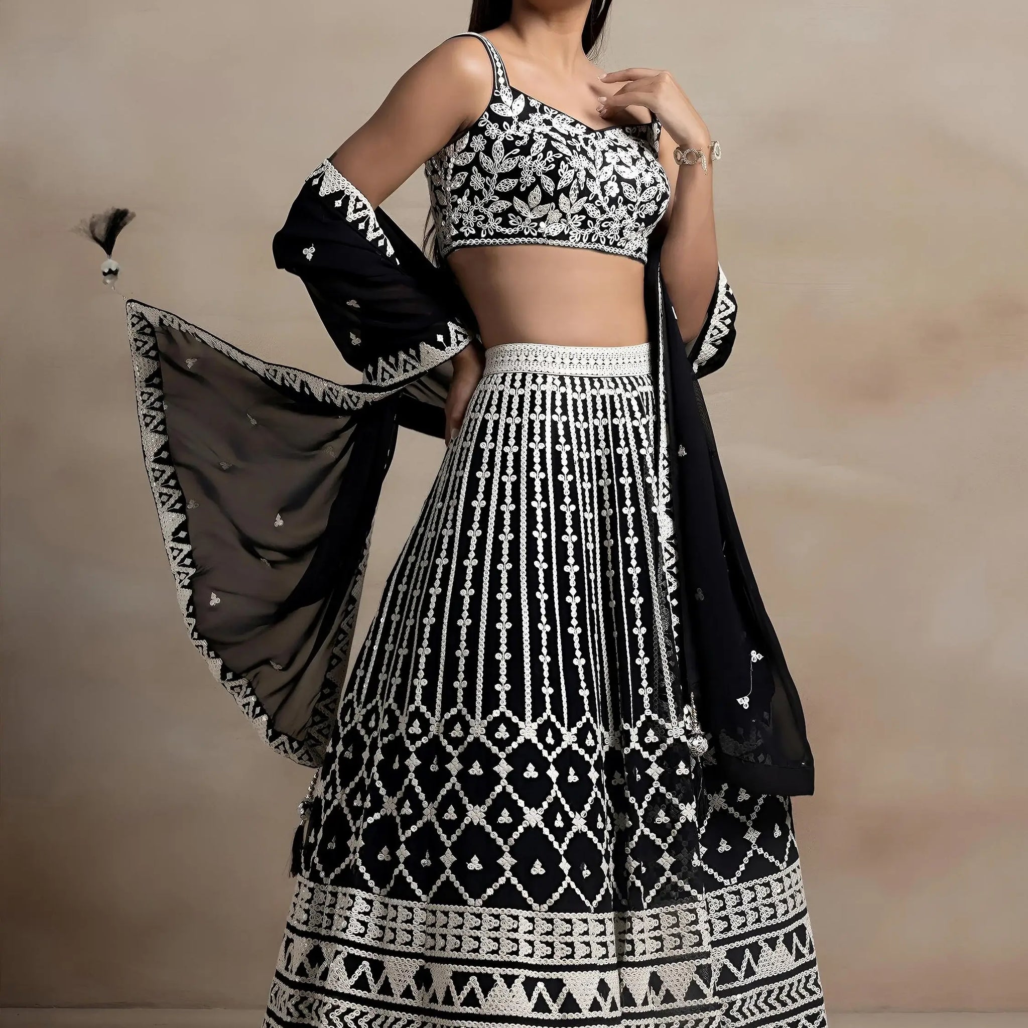 Precious Black Thread Work Georgette Engagement Wear Lehenga Choli