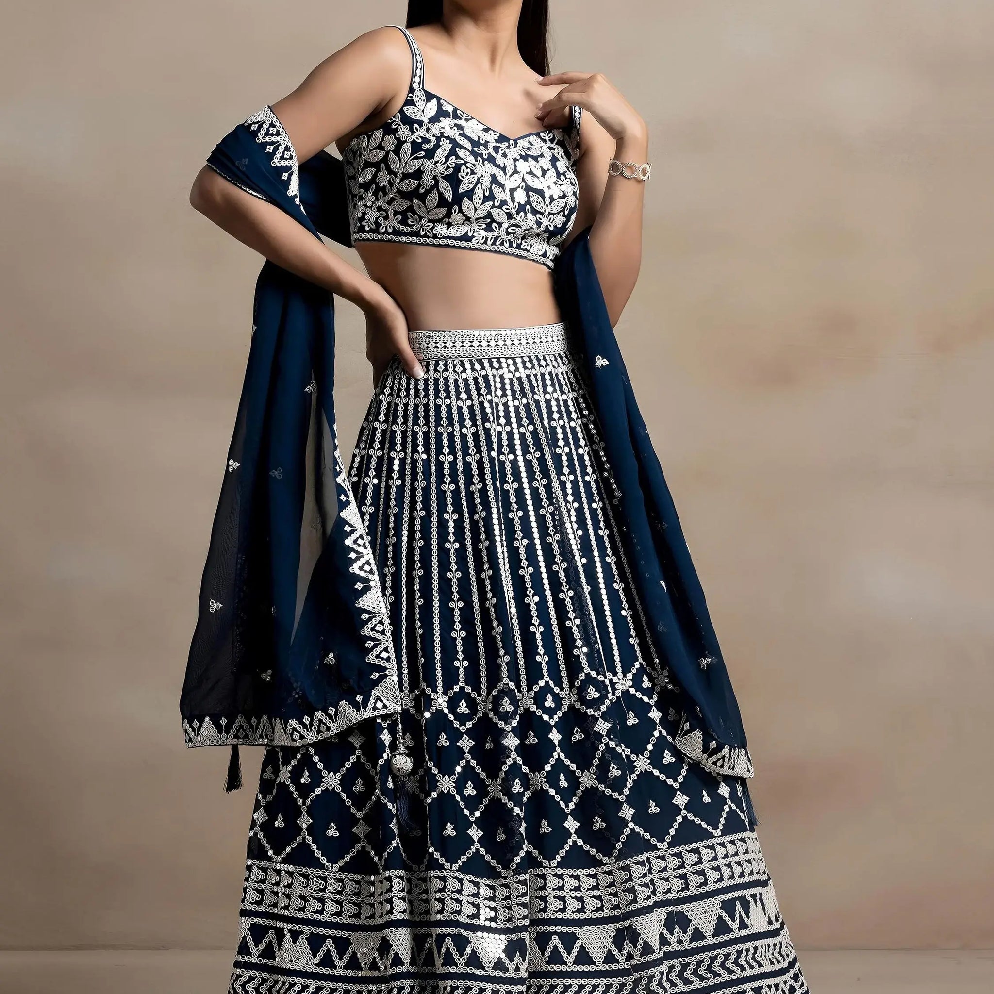 Beautiful Navy Blue Thread Work Georgette Reception Wear Lehenga Choli