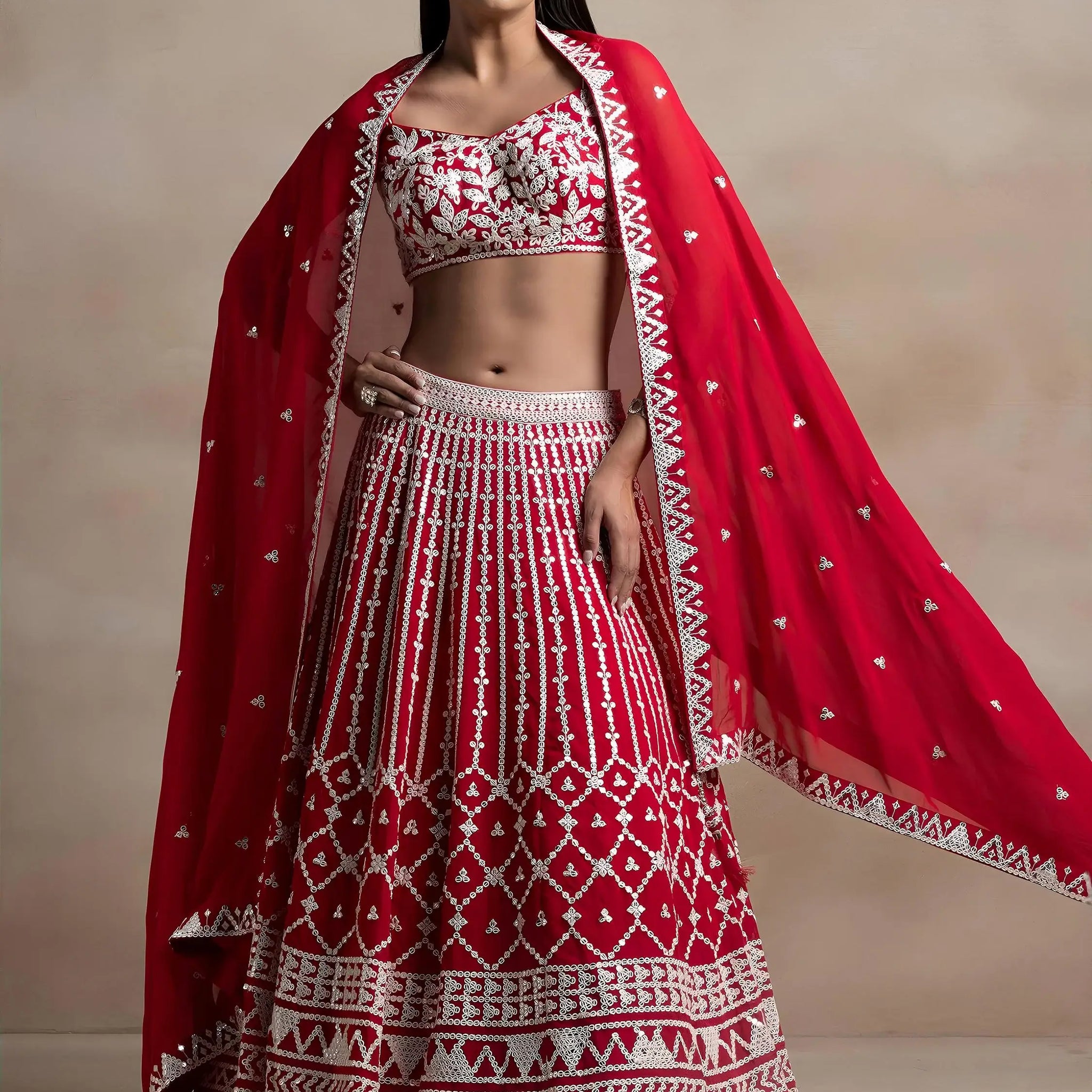 Ravishing Red Thread Work Georgette Bridal Wear Lehenga Choli