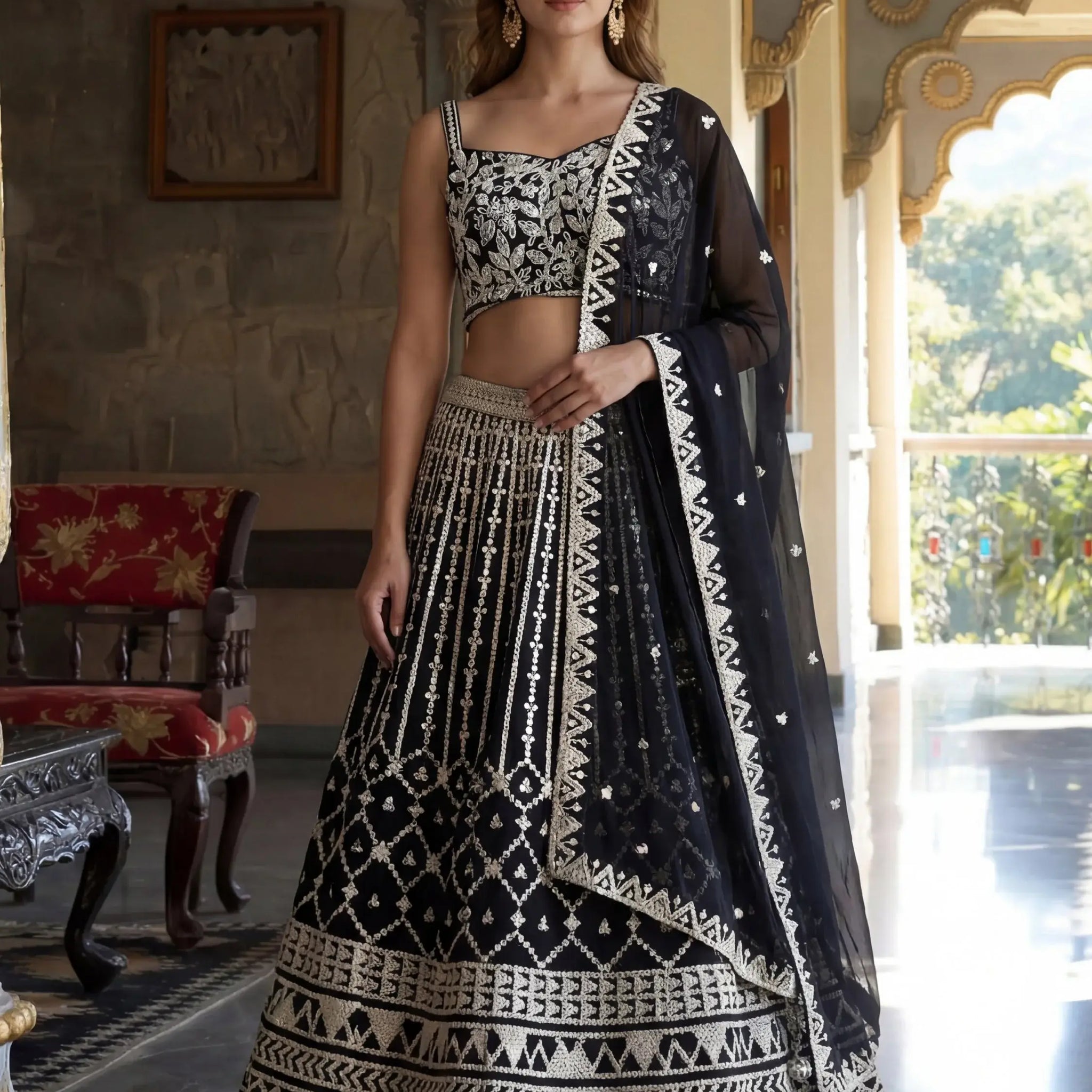 Charming Black Embroidered Georgette Party Wear Lehenga Choli With Dupatta