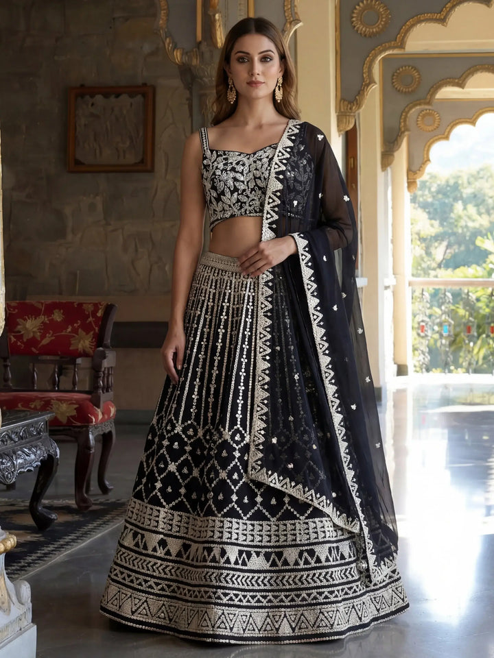 Charming Black Embroidered Georgette Party Wear Lehenga Choli With Dupatta
