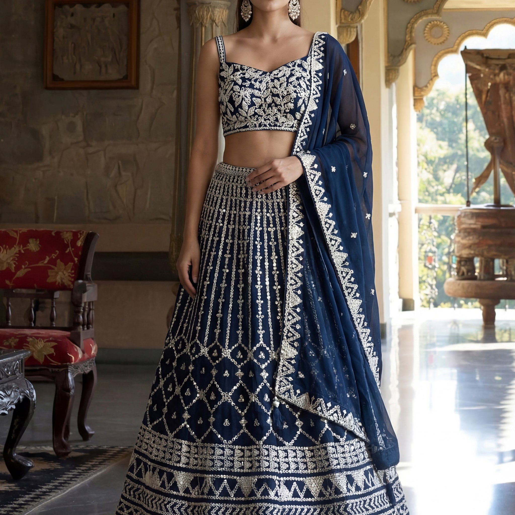 Superb Navy Blue Thread Embroidery Georgette Engagement Wear Lehenga Choli