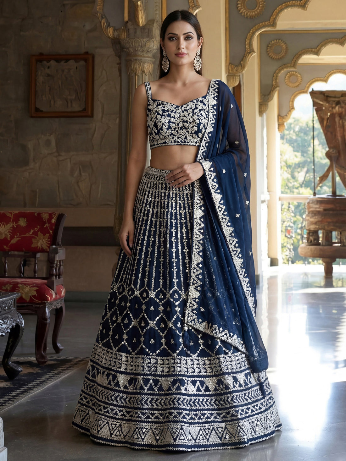 Superb Navy Blue Thread Embroidery Georgette Engagement Wear Lehenga Choli
