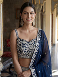 Superb Navy Blue Thread Embroidery Georgette Engagement Wear Lehenga Choli