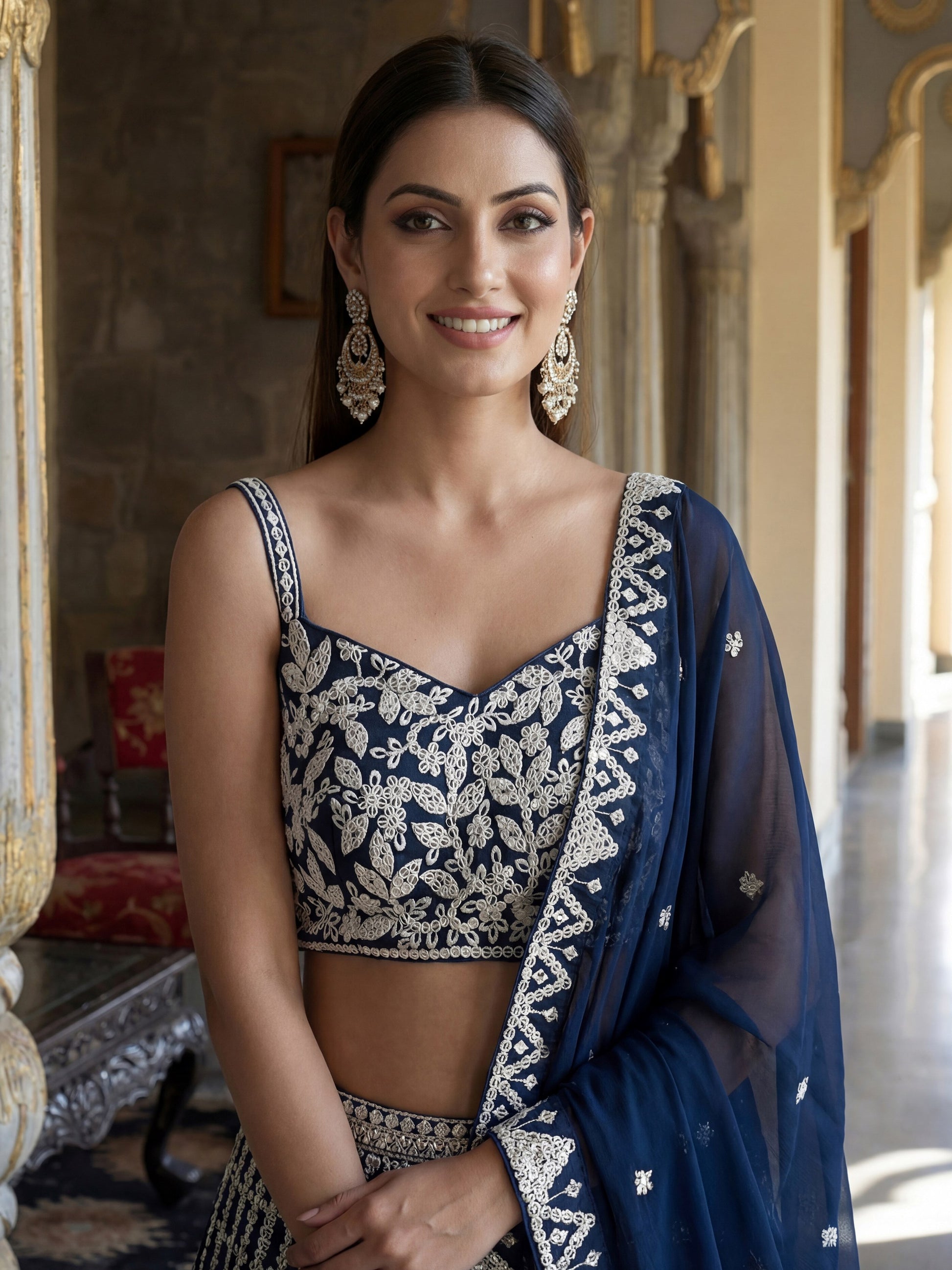 Superb Navy Blue Thread Embroidery Georgette Engagement Wear Lehenga Choli