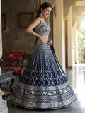 Superb Navy Blue Thread Embroidery Georgette Engagement Wear Lehenga Choli