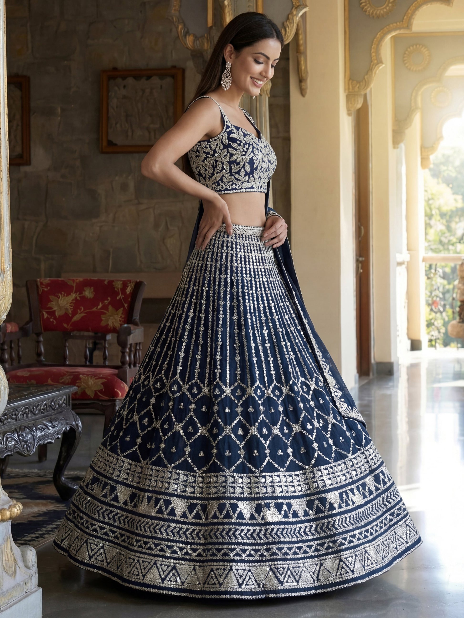 Superb Navy Blue Thread Embroidery Georgette Engagement Wear Lehenga Choli