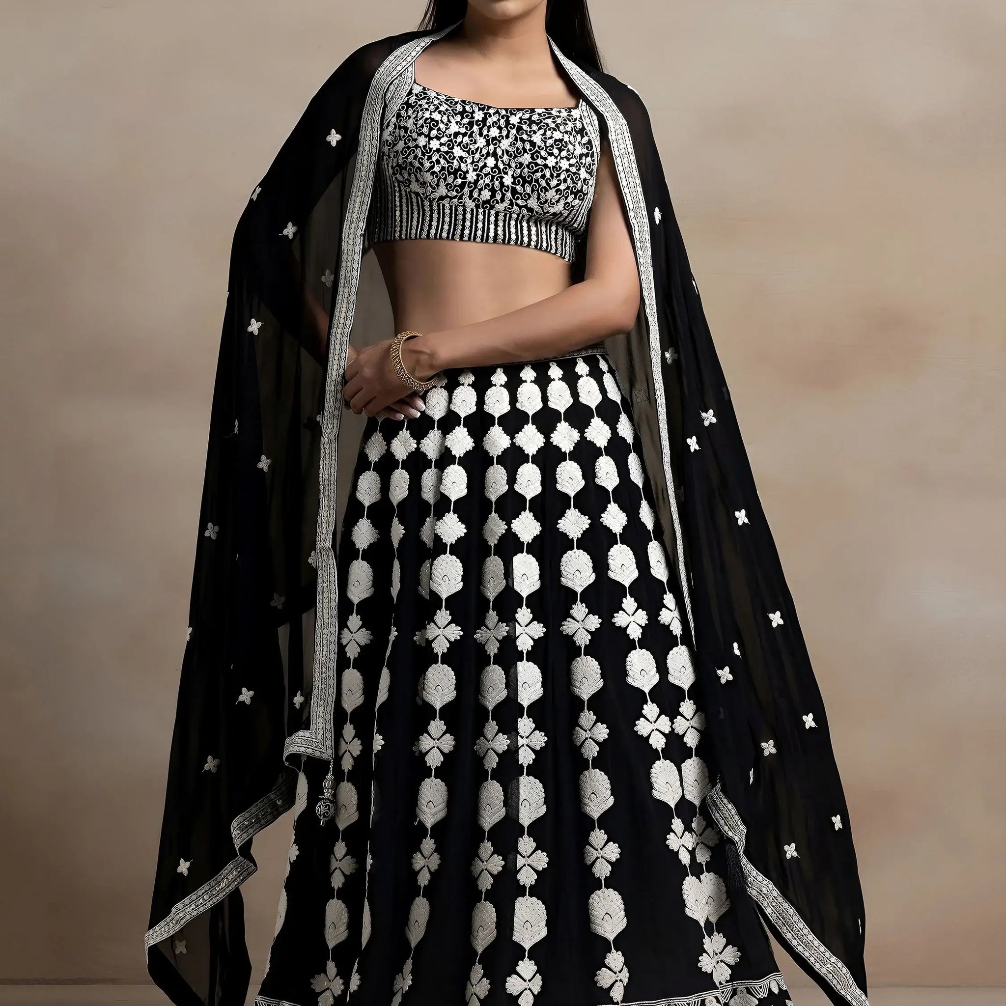 Astonishing Black Thread Work Georgette Lehenga Choli With Dupatta