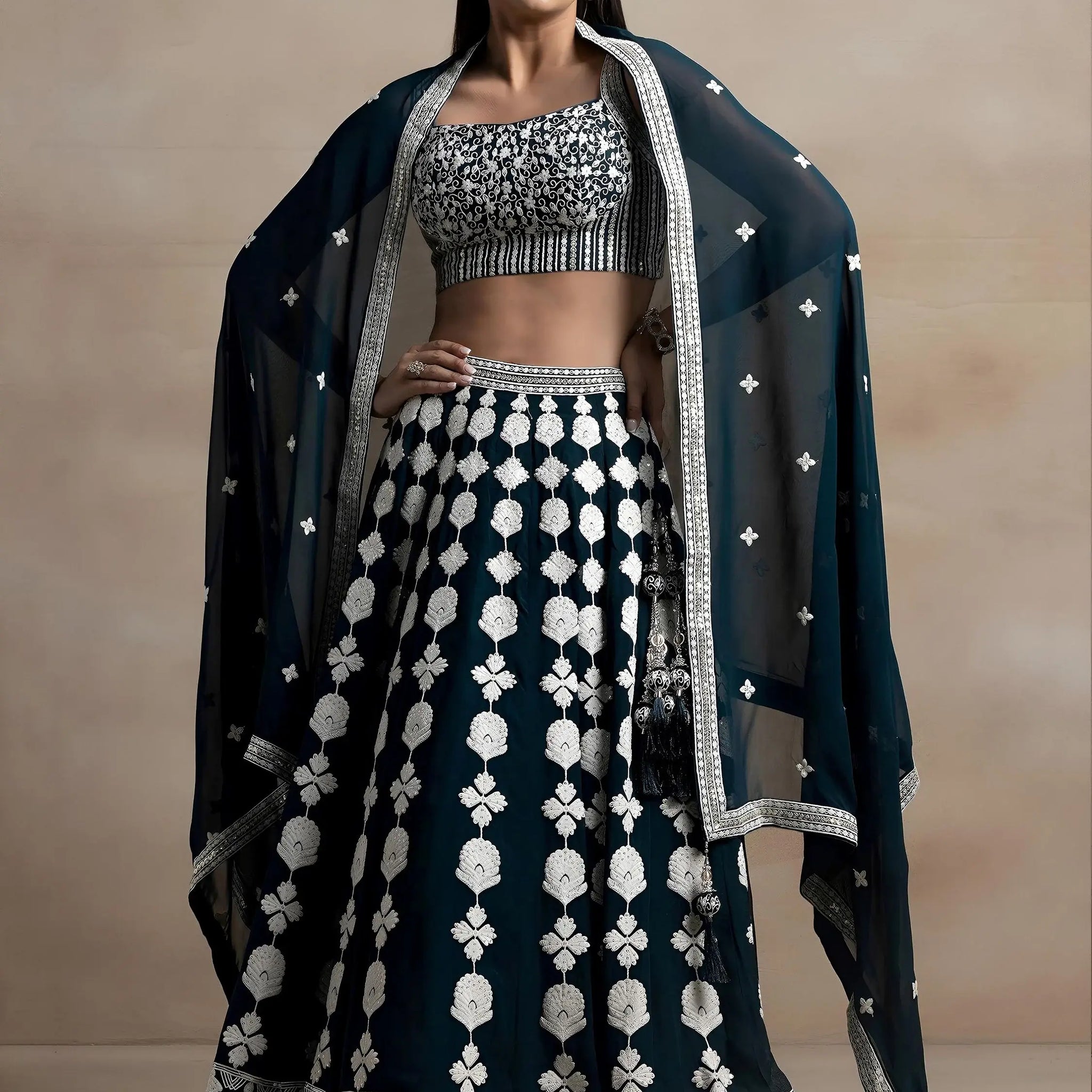 Gorgeous Dark Green Thread Work Georgette Wedding Lehenga Choli With Dupatta