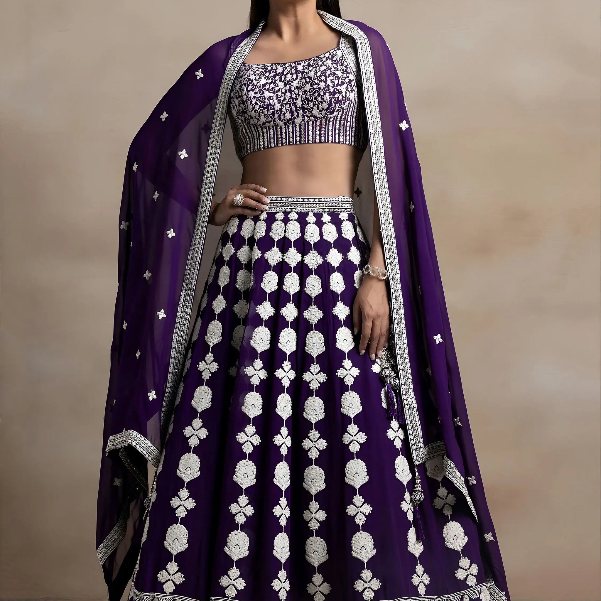 Mesmerizing Purple Thread Work Georgette Engagement Wear Lehenga Choli With Dupatta