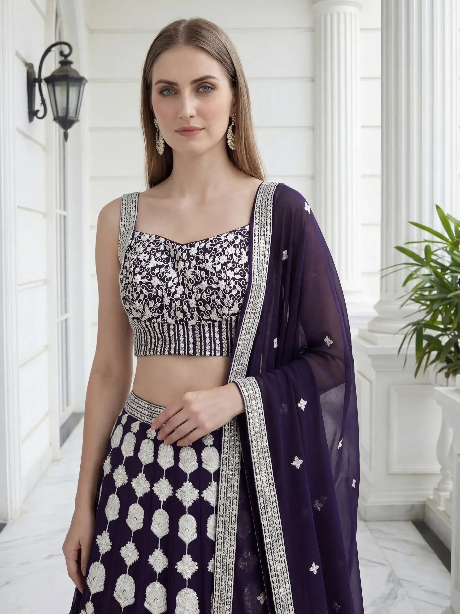 Pleasant Purple Sequin Georgette Wedding Wear Lehenga With Blouse