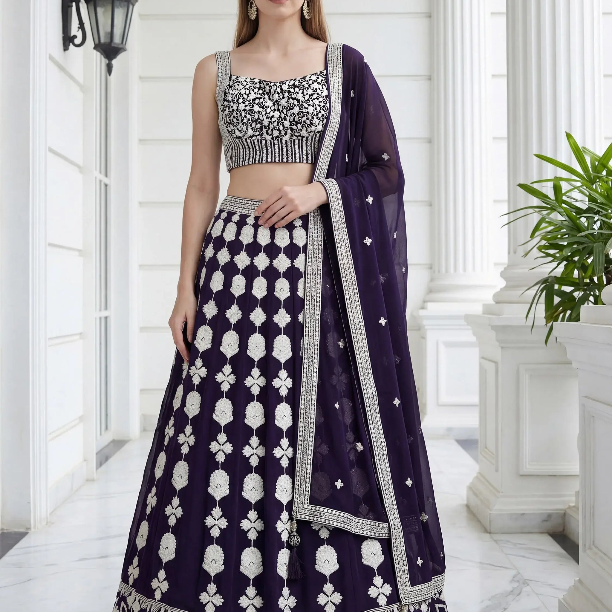 Pleasant Purple Sequin Georgette Wedding Wear Lehenga With Blouse