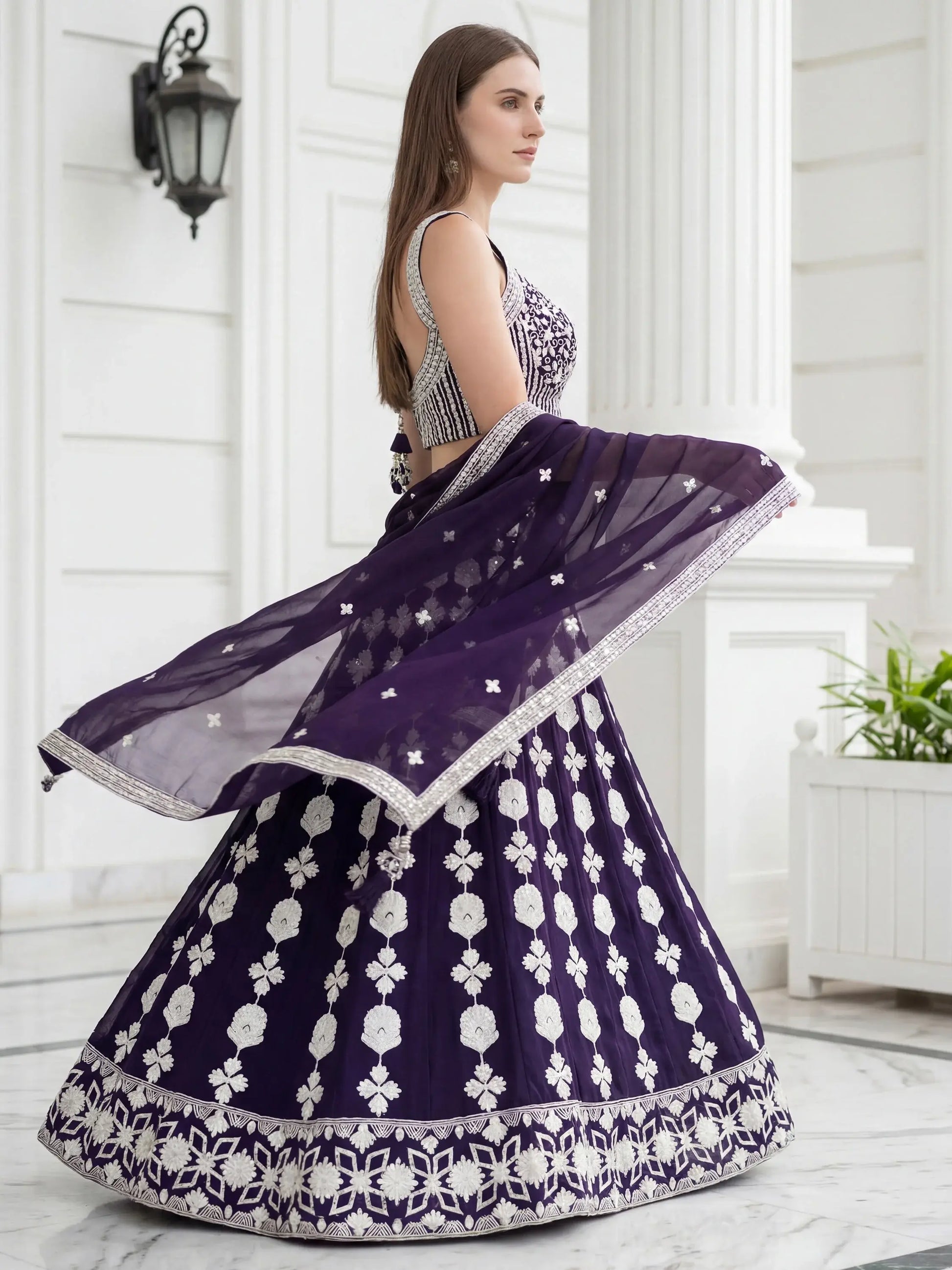 Pleasant Purple Sequin Georgette Wedding Wear Lehenga With Blouse