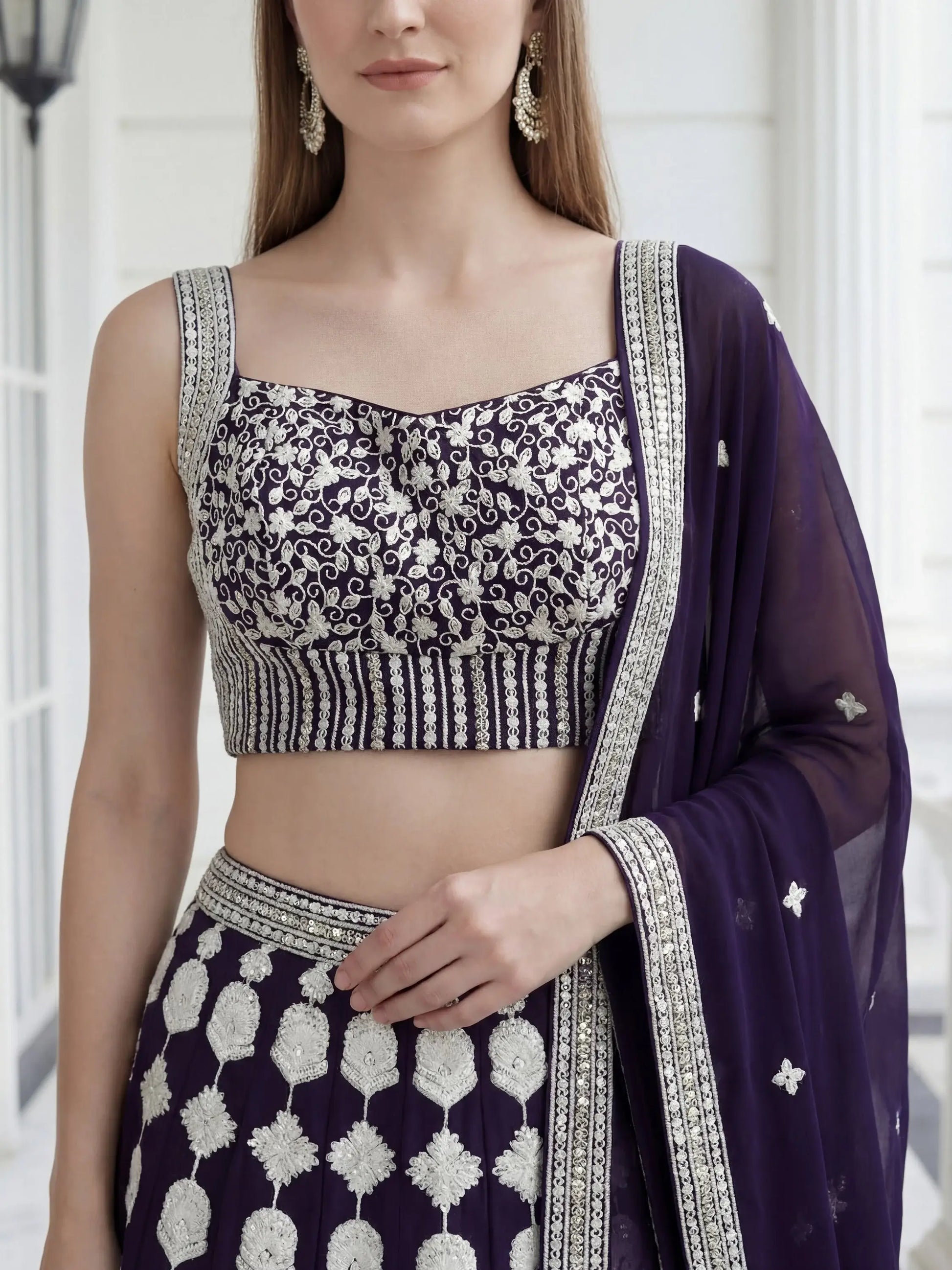 Pleasant Purple Sequin Georgette Wedding Wear Lehenga With Blouse