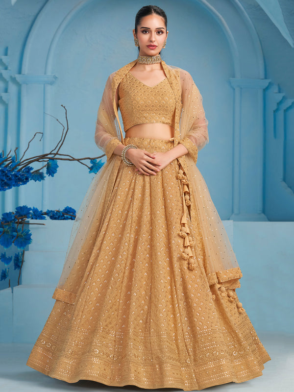 Beautiful Beige Thread Work Georgette Wedding Wear Lehenga Choli