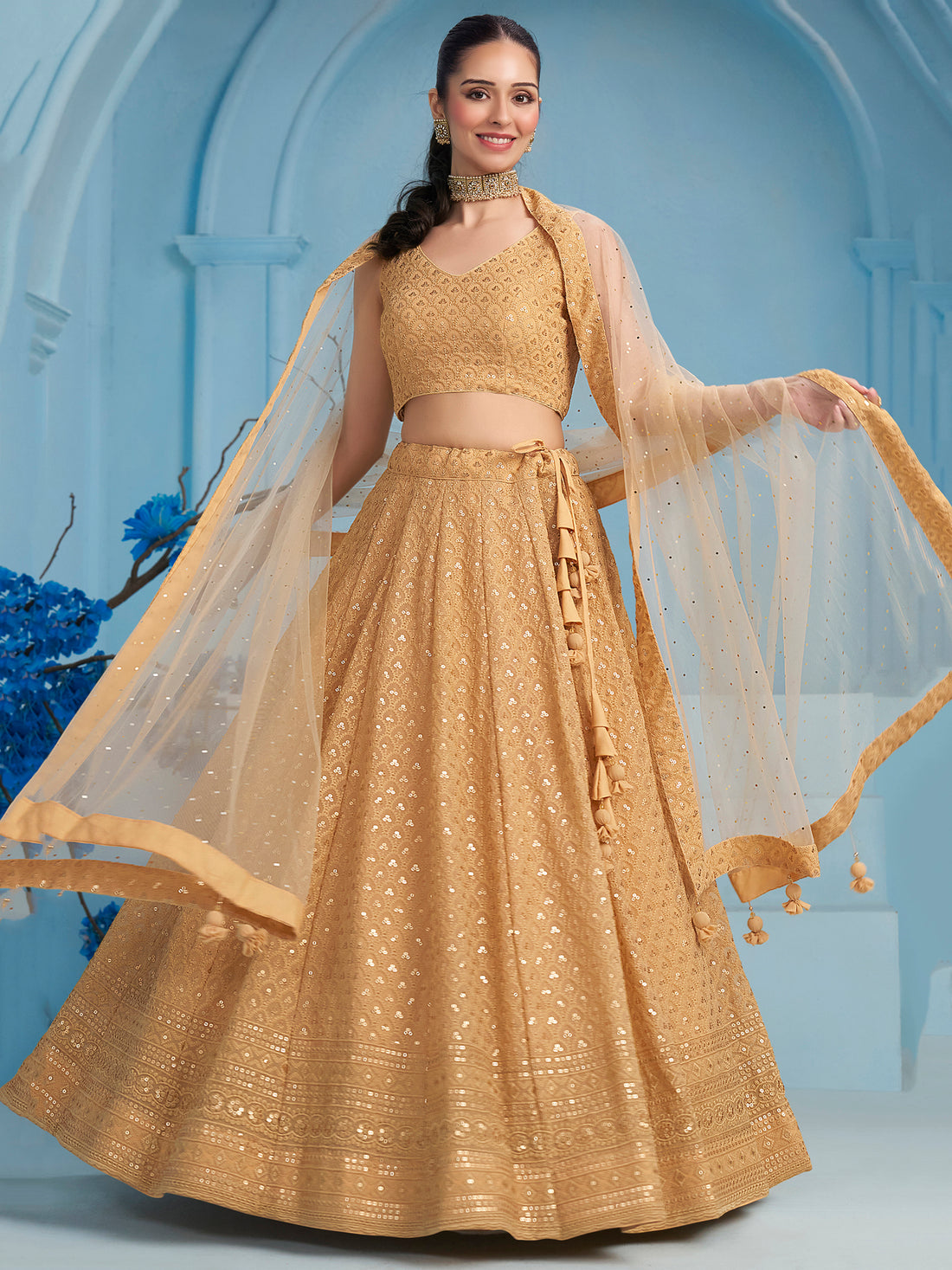 Beautiful Beige Thread Work Georgette Wedding Wear Lehenga Choli