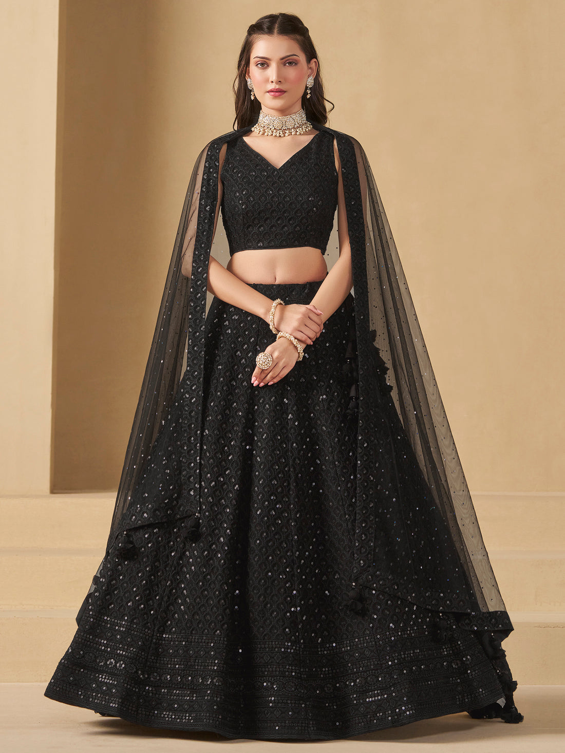 Wonderful Black Sequins Georgette Reception Wear Lehenga Choli