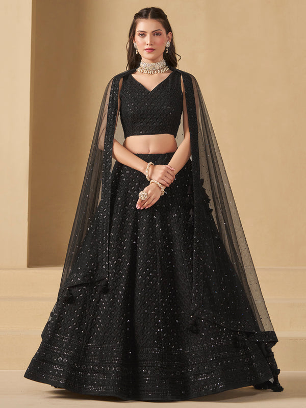Wonderful Black Sequins Georgette Reception Wear Lehenga Choli