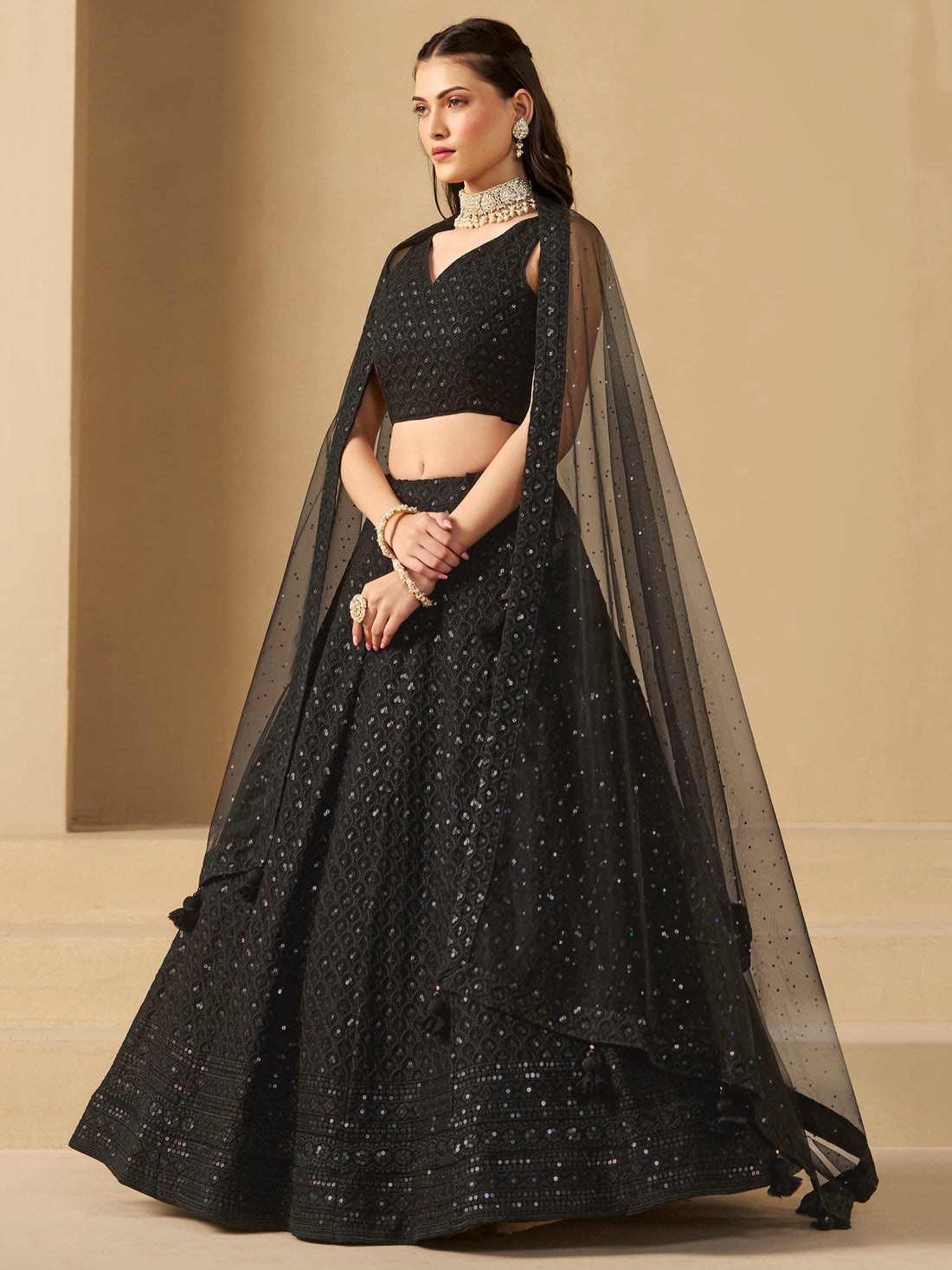 Wonderful Black Sequins Georgette Reception Wear Lehenga Choli
