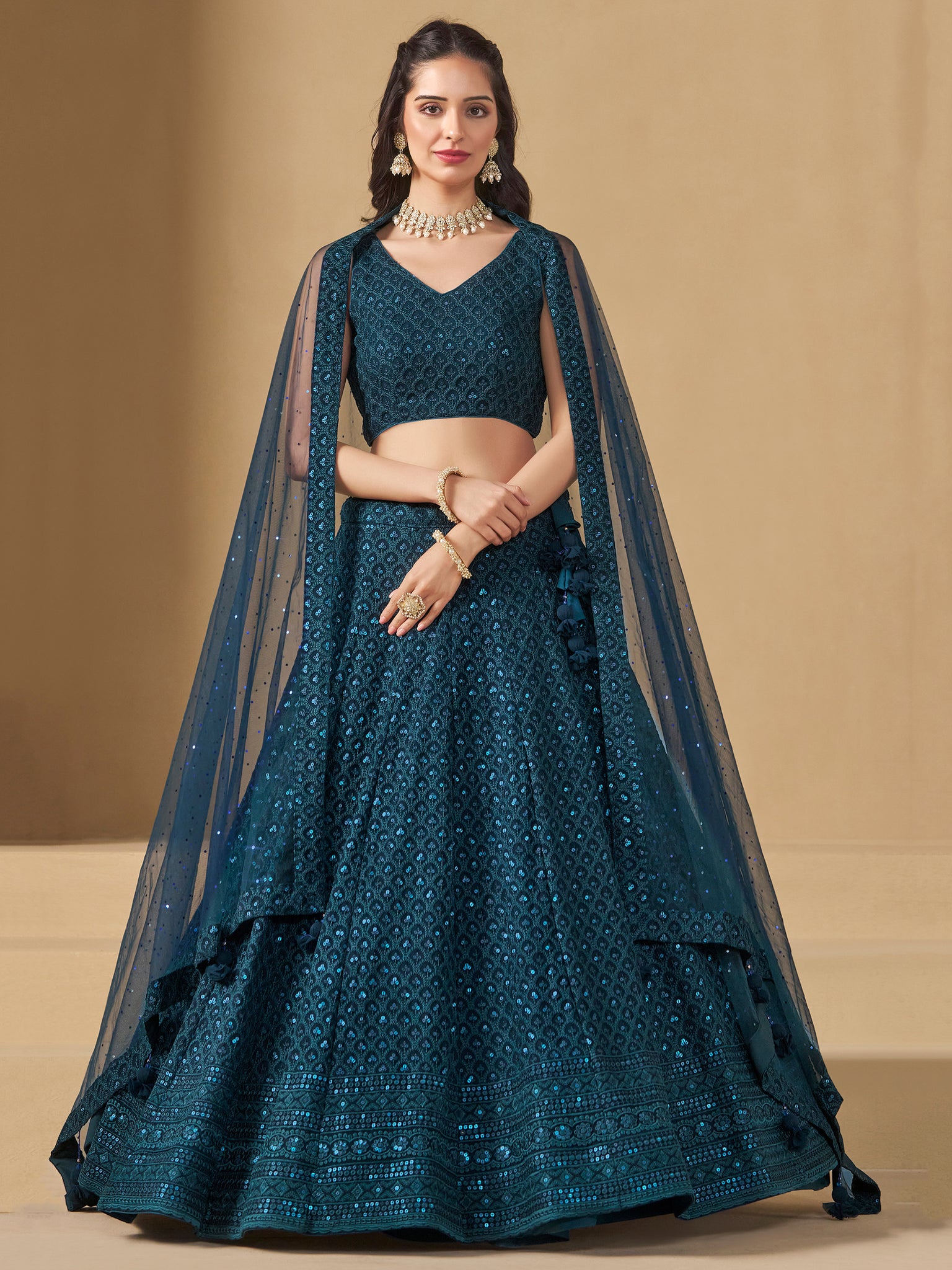Fabulous Teal Blue Thread Embroidered Georgette Lehenga Choli