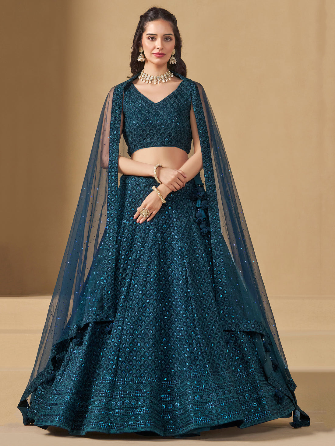 Fabulous Teal Blue Thread Embroidered Georgette Lehenga Choli