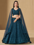Fabulous Teal Blue Thread Embroidered Georgette Lehenga Choli
