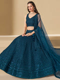 Fabulous Teal Blue Thread Embroidered Georgette Lehenga Choli