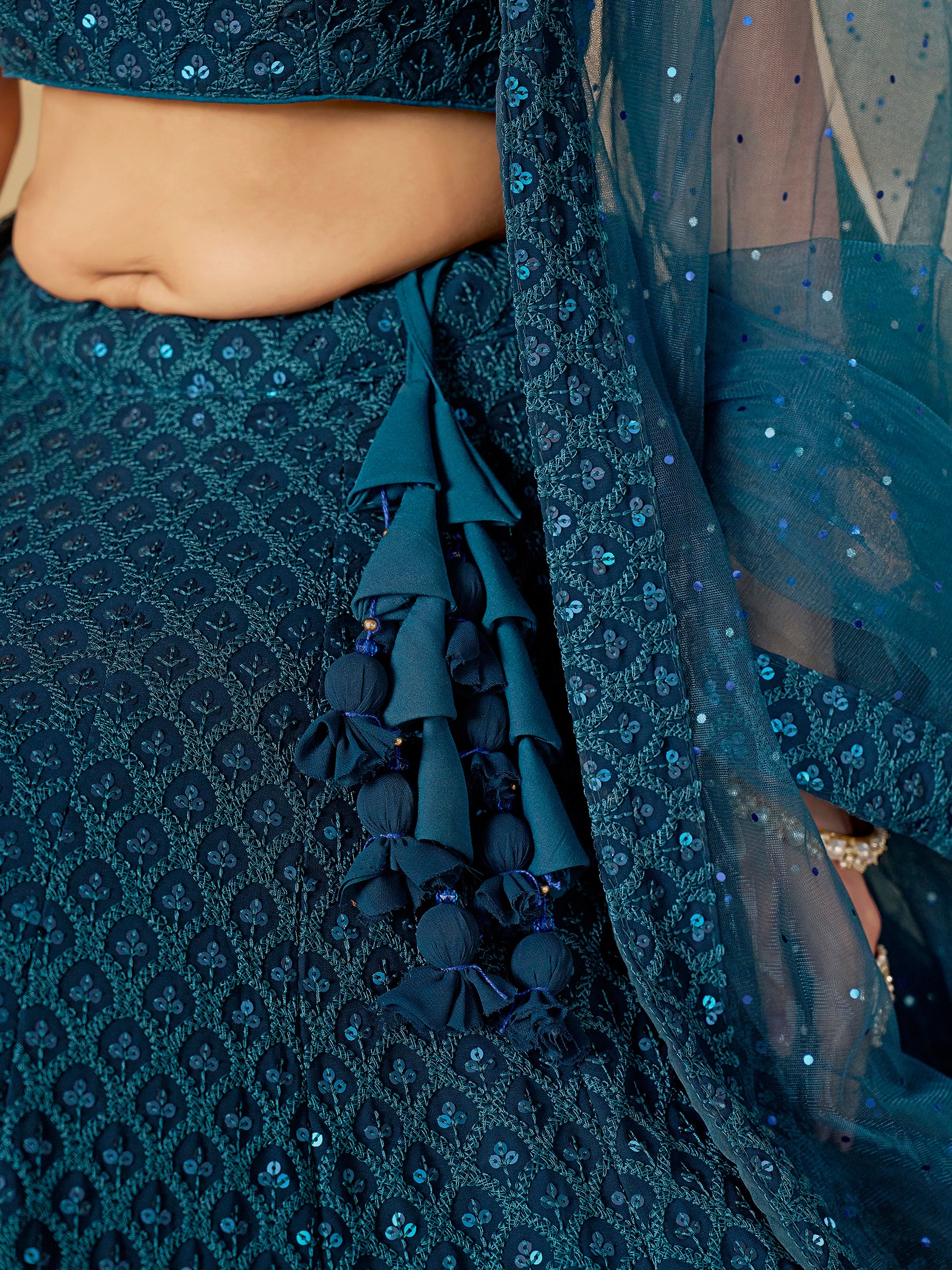 Fabulous Teal Blue Thread Embroidered Georgette Lehenga Choli