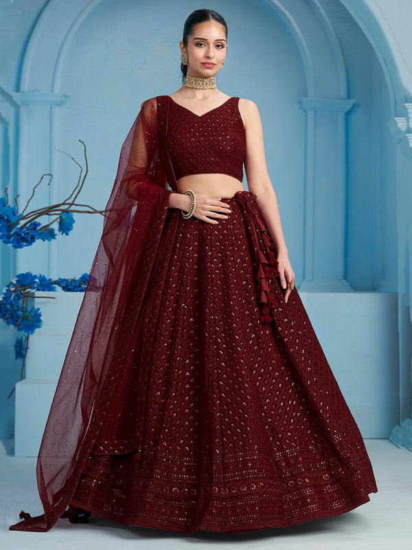 Alluring Maroon Sequins Reception Wear Lehenga Choli With Net Dupatta