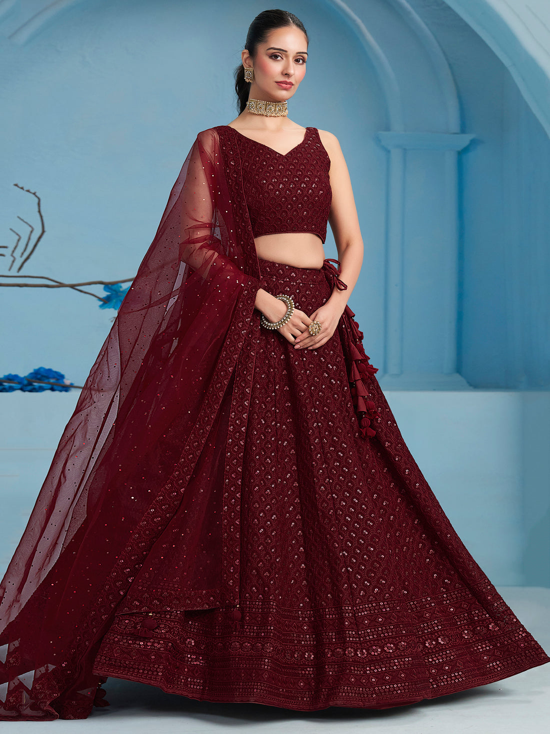 Alluring Maroon Sequins Reception Wear Lehenga Choli With Net Dupatta
