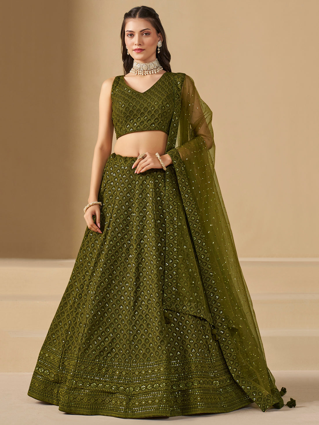 Excellent Olive Green Thread Work Georgette Wedding Lehenga Choli