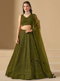 Excellent Olive Green Thread Work Georgette Wedding Lehenga Choli