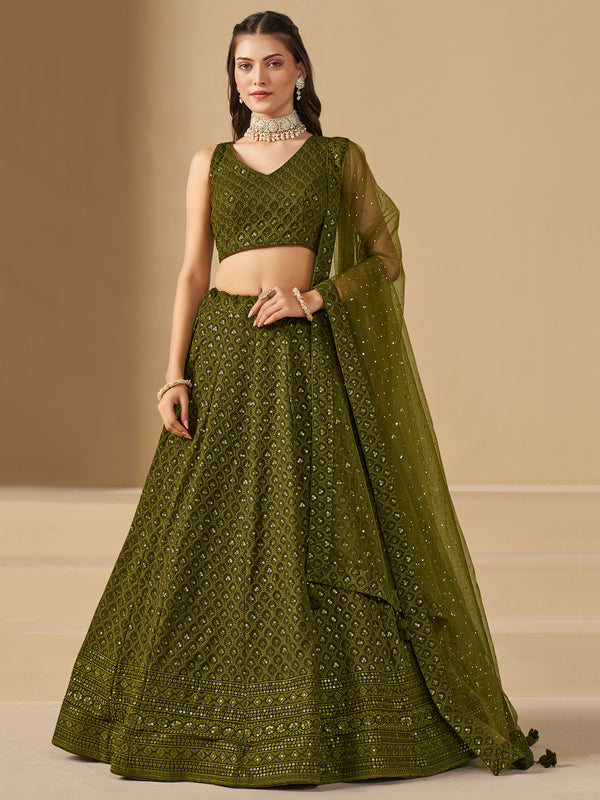 Excellent Olive Green Thread Work Georgette Wedding Lehenga Choli