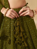 Excellent Olive Green Thread Work Georgette Wedding Lehenga Choli