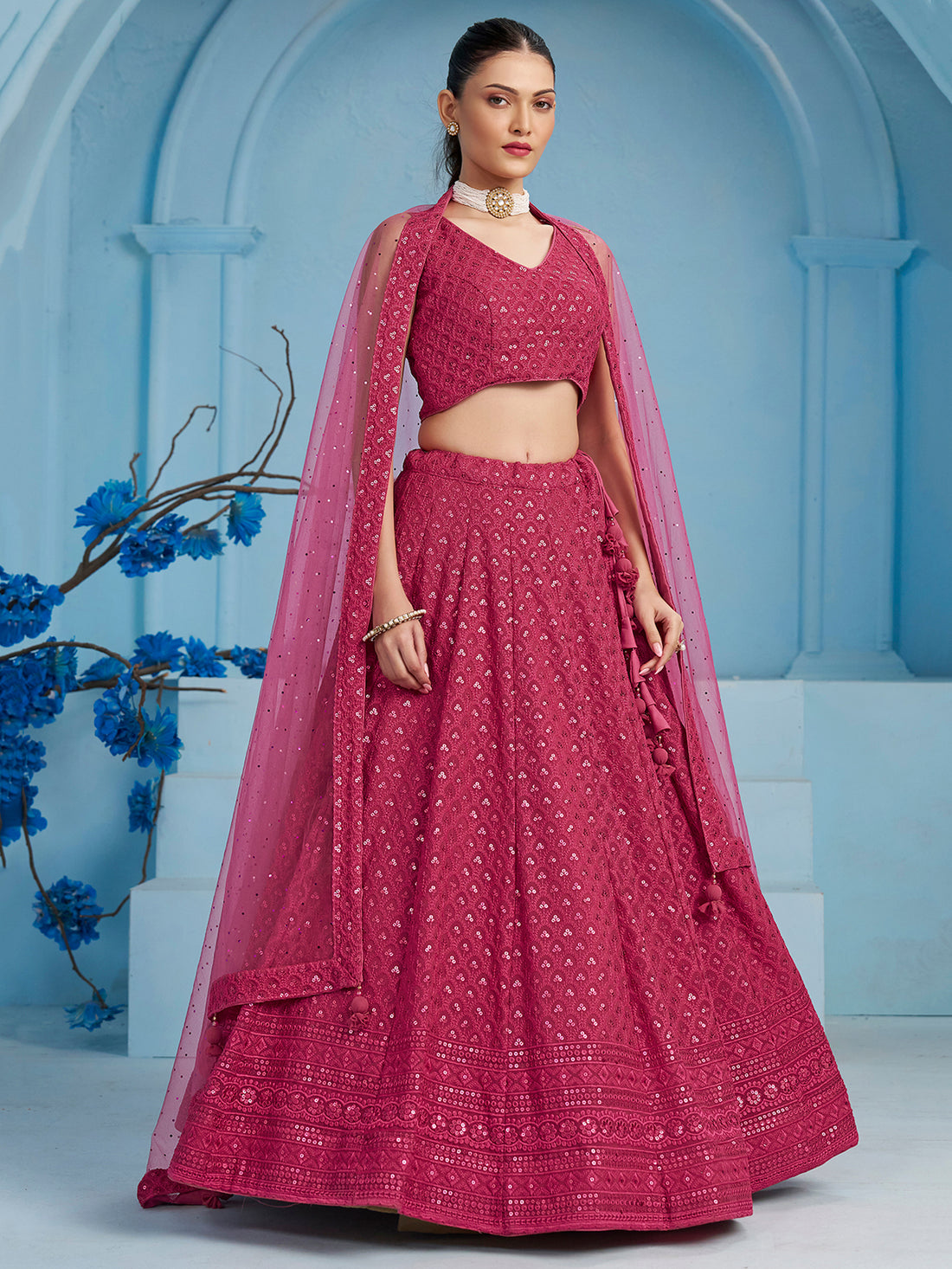 Captivating Pink Thread Work Georgette Sangeet Wear Lehenga Choli